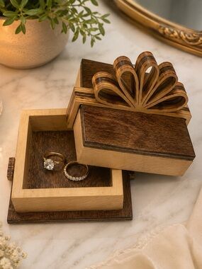 Handcrafted Wooden Trinket Box with Decorative Bow Lid – NWOT – 4” x 4”